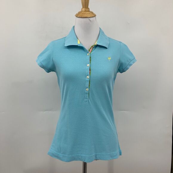Lilly Pulitzer Shirt Womens S Small Aqua Polo Stretch Slit Hem Cap Sleeve *READ - Picture 2 of 12